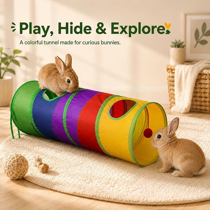 Mechpia Rabbit Toys, Large Bunny Hideout Tunnel and Tube Rainbow Tunnel for Rabbit Guinea Pig Chinchilla Ferret Rat
