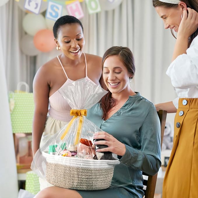 2 Pack Small Woven Basket with Gift Bags and Ribbons, Empty Decorative Gift Chest Box, Cute Baby Gift Basket for Nursery, Cotton Rope Room Shelf Storage Basket with Handles, All 12"x 8"x 5",Brown