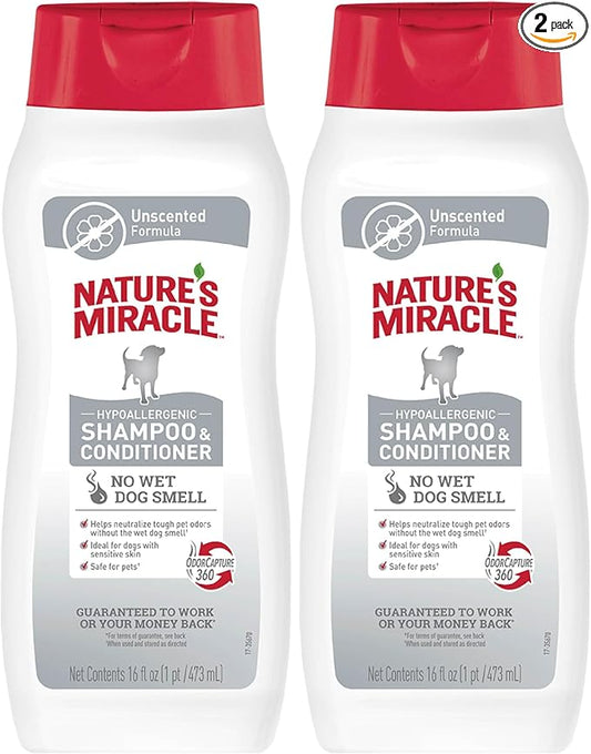 Nature’s Miracle Hypoallergenic Shampoo & Conditioner for Dogs, 16 Oz, Unscented (Pack of 2)