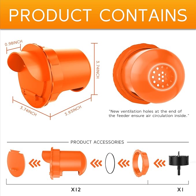 Chicken Feeder Port 12 Pack - No Waste DIY Poultry Feeding Kit with Stopper Lid & Hole Saw, Reusable Rain Proof Automatic Coop Gravity Feeder for Hens Ducks Geese (Orange)