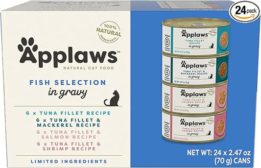 Applaws Natural Wet Cat Food in Gravy, Limited and Natural Ingredients, High Protein with No Artificial Additives, Fish Selection in Gravy (24 x 2.47oz Cans)