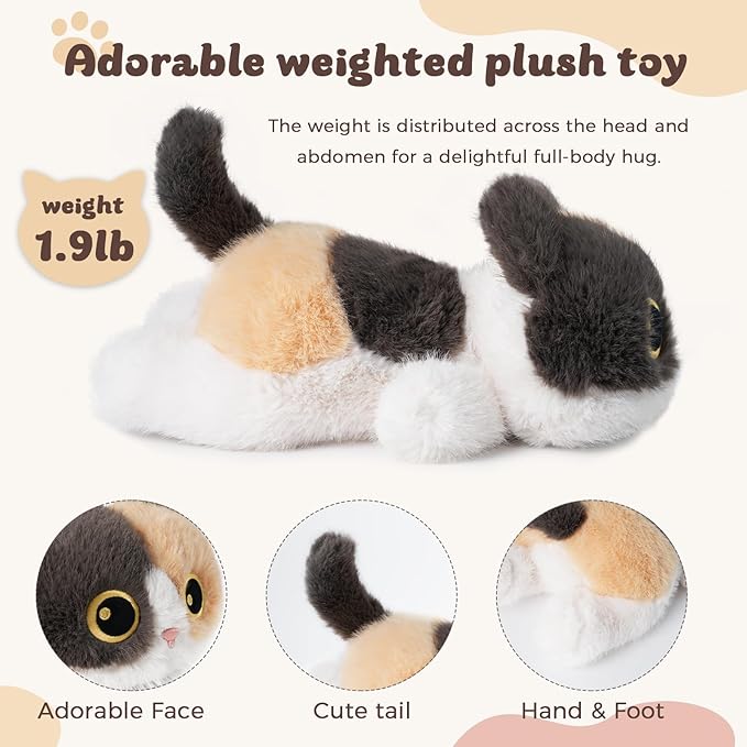 YOUBLEK Weighted Stuffed Animals Calico Cat - 1.9 lb Calico Cat Plush Toy, Cute cat Stuffed Animal Cuddle Plushies Gift for Kids & Adults