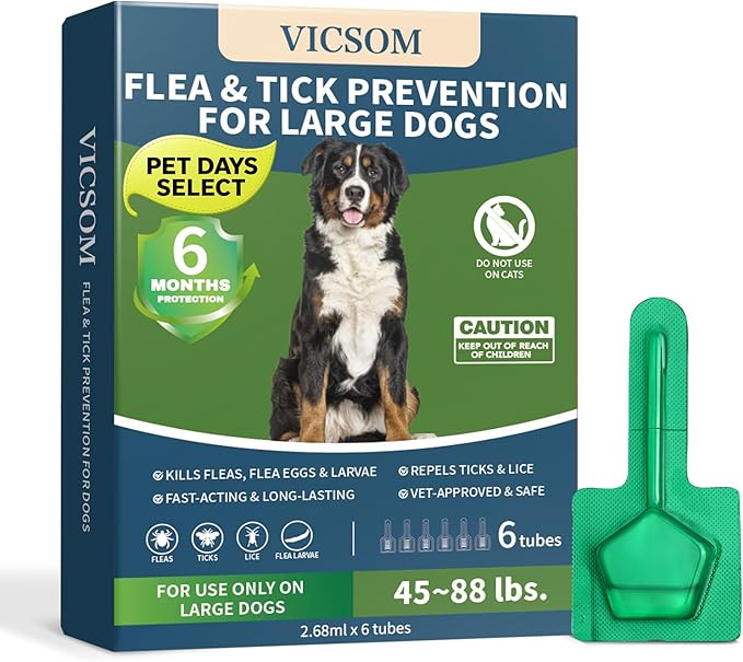 Flea and Tick Prevention for Dogs, 6 Months Supply Dog Flea and Tick Treatment Up to 45 to 88 Lbs, Waterproof Topical Flea Treatment for Large Dogs - Fast-Acting Flea, Tick, and Mosquito Repellent
