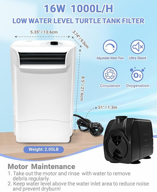 GOZILLA 265GPH Turtle Tank Filter,16W High Flow-Rate Adjustable Turtle Filter Fish Tank Filter, Silent Waterfall Aquarium Filter for Low Water Level Tank from 30 to 55 GAL.(White)