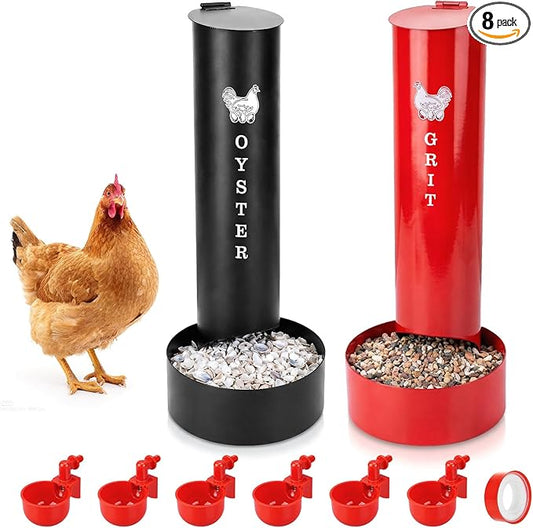 Chicken Oyster Shell Feeder and Grit Feeder and 6 Pcs Automatic Chicken Waterer Cup, Metal Hanging Poultry Feeders and Plastic Poultry Water Cup, Coop Accessories, Black+Red