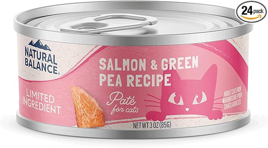 Natural Balance Limited Ingredient Salmon & Green Pea Recipe Soft Pate Wet Digestion Cat Food for Sensitive Stomach, 3 oz. (Pack of 24)
