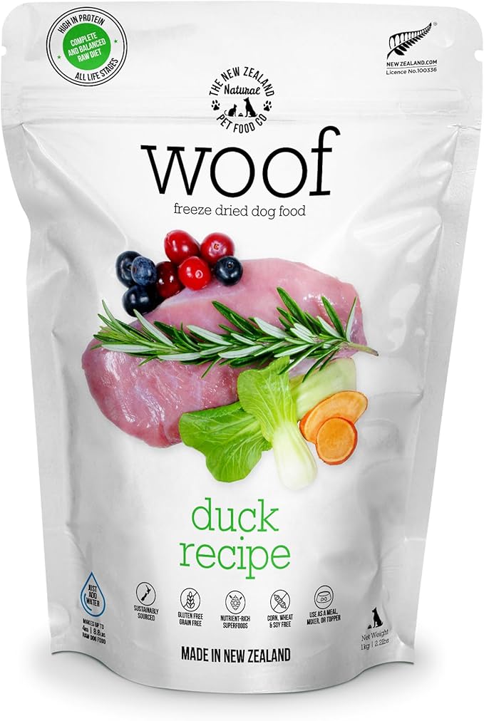 The New Zealand Natural Pet Food Co. WOOF Freeze Dried Dog Food - Duck Recipe, High Protein Dog Food, Natural Dog Treats, Toppers & Meals, 2.2 lb
