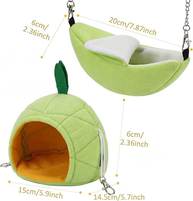 Jetec 2 Pcs Hamster Hammock Soft Bed Small Pet Animals Hamster Hanging House Cage Nest for Guinea Pig Rat Chinchilla Sleep and Play, Banana and Pineapple (Green)