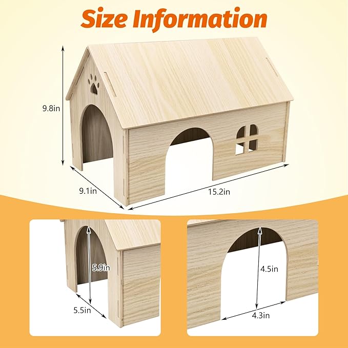 Fhiny Wooden Guinea Pig Hideout, 15.2 x 9.1 x 9.8 inch Large Guinea Pig House with Entrances and Windows Detachable Small Animal House for Bunnies Dwarf Rabbits Chinchillas Hedgehogs to Rest and Hide
