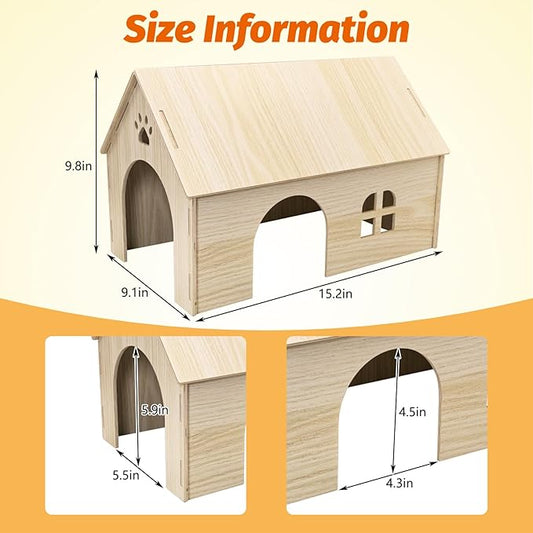 Fhiny Wooden Guinea Pig Hideout, 15.2 x 9.1 x 9.8 inch Large Guinea Pig House with Entrances and Windows Detachable Small Animal House for Bunnies Dwarf Rabbits Chinchillas Hedgehogs to Rest and Hide