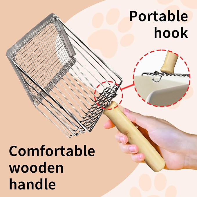 Cat Litter Scoop, Premium Kitty Shovel with Hook and Hole, Metal Sifter Scooper Stainless Steel for Easy Cleaning, Durable and Heavy Duty, Odor-Free for Litter Box (Scoop with Holder)