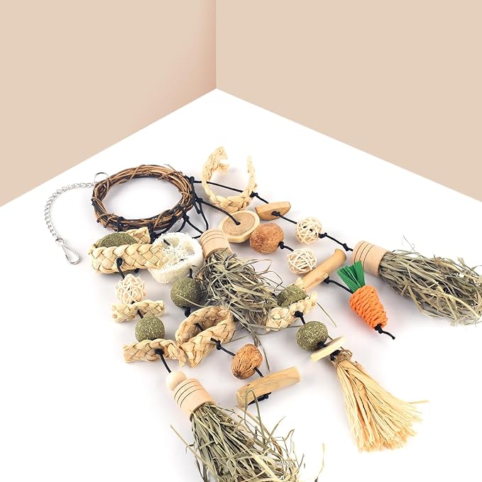 Bissap Rabbit Chew Toy, Bunny Cage Hanging Chewing Toys and Treats Wooden with Snacks for Guinea Pigs Chinchillas Hamsters Rats and Other Small Pets Teeth Grinding (Timothy Hay & Vine)
