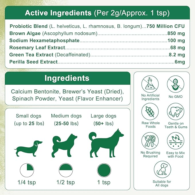 Dog Dental Powder with 750,000,000 CFU Probiotics, Advanced Dog Teeth Cleaning Powder to Reduce Plaque & Tartar, Dental Care for Dogs, Breath Freshener & Teeth Cleaning Made Easy for All Dogs