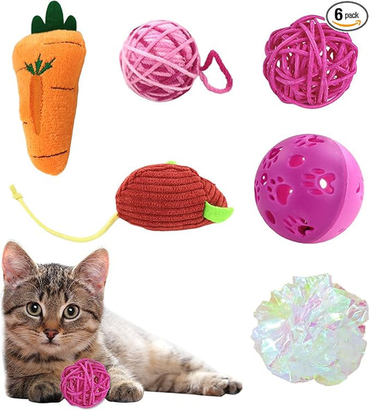 Andiker 6Pcs Cat Toy Pack, Cats Toy Set with Crinkle Balls, Pet Bell Balls, Pet Mouse Toy and Rattan Ball Stimulate Cats Hunting and Chasing Instincts Interactive Kitten Toys for Indoor Cat (Pink)