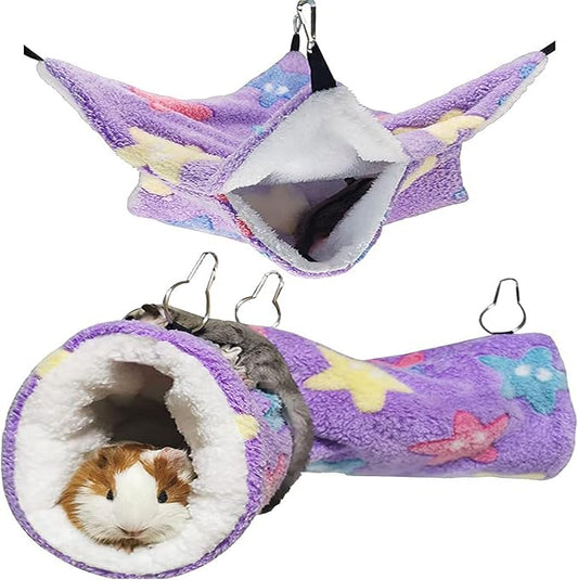 Double Hammock Hanging Tunnel for Ferret Bed and Cage Accessories, Rat Cage Hammock, Sugar Glider Toys(Purple,Starfish)