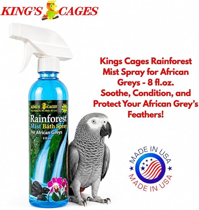 Kings Cages Rainforest Mist Feather Bath Spray for African Greys and Amazons 17oz Baby Powder Scent Condition Plumage Relieves Dry Itchy Skin Helps Prevent Feather Plucking
