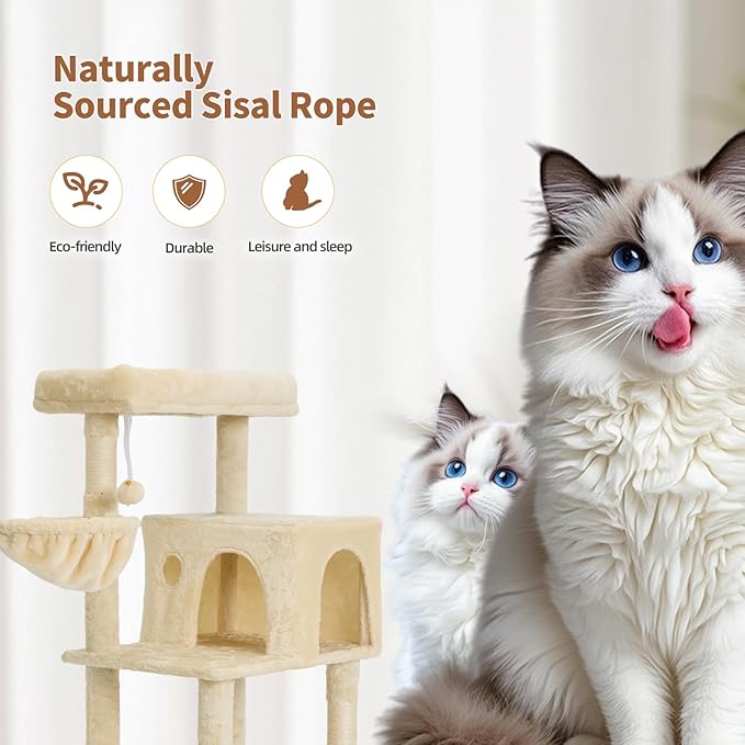 56.2 Inch Cat Tree Condo, Multi-Level Tower with Sisal Scratching Post, Cat House, Plush Toy & Indoor Play Gym (Beige)