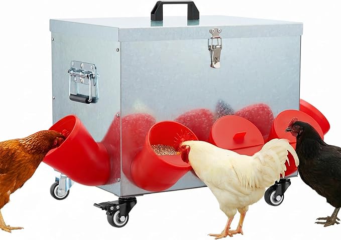Magicfly 40 lbs Chicken Feeder No Waste, Large Metal Automatic Chicken Feeder Box, 8 Bell-Mouth Feeding Port, with Handle and Wheels, Rat Proof Chick Feeder for Chickens, Ducks & Geese