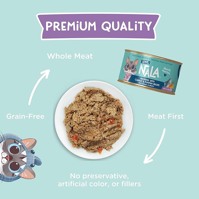 LOVE, NALA - Natural Adult Cat Wet Food - Mackerel with Carrot & Pumpkin Pate Recipe - 2.8 oz, Pack of 24 Cans - Grain-Free, Non-GMO, No Gums, No Carrageenan