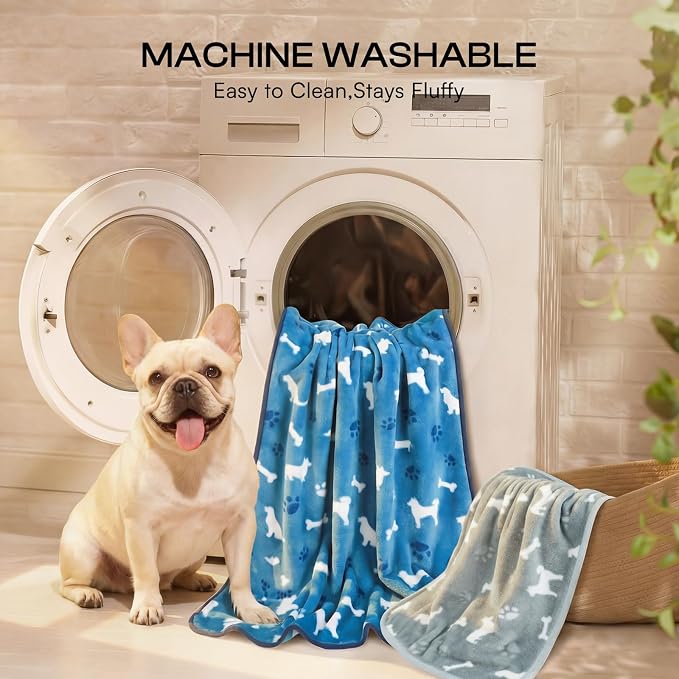 Luciphia 3 Pack Dog Blankets, Soft Fleece Puppy Blanket with Cute Bone Print, Cozy Pet Throw Blanket for Crate Couch Bed Travel, Machine Washable, Blue/Grey/Khaki,23x16