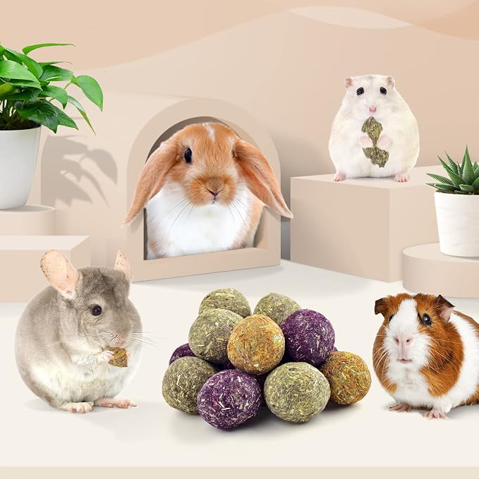 Bissap Bunny Chew Toys 15PCS, 100% Natural Flowers Flavored Timothy Hay Balls Rabbit Chew Treats for Hamster Guinea Pigs Rats Chinchillas Gerbils and Other Small Animals Teeth Care