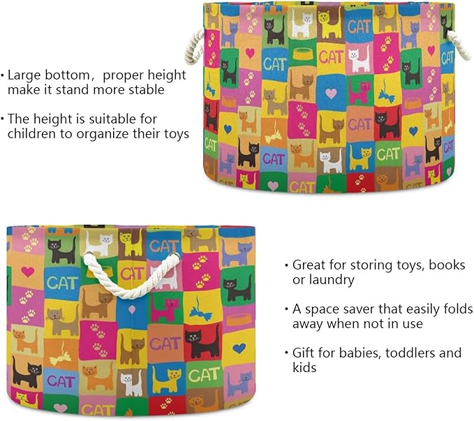 Colorful Cat Print Round Storage Basket Pet Kitten Paild Large Laundry Hamper 20 x 20 x 14 Inches Organizer Bin with Cotton Rope Handles Clothes Storage Bag for Nursery Bedroom Living Room Decor