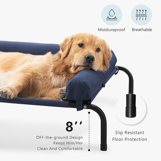 Cooling Elevated Dog Bed for Large Dogs, Outdoor Raised Dog Beds Portable Dogs Cot Bed W/Breathable Mesh, Pet Cots W/Removable Waterproof Bolster