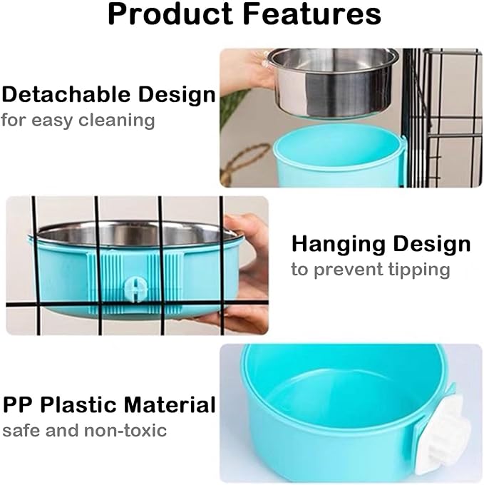 2 Pcs Crate Dog Bowl, Removable Stainless Steel Hanging Pet Food Water Feeder Pet Kennel Cage Bowl for Puppy Cat Rabbit Ferret Guinea Pig (Pink&Green)