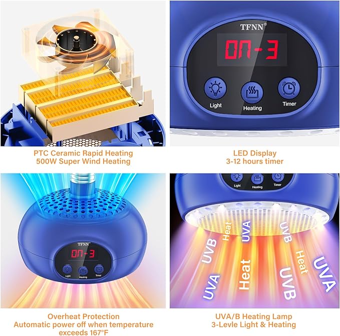 Chicken Coop Heater Lamps,200W-350W-500W Reptile Heating Lamp Upgraded with UVA UVB Ligh 3-6-9-12H Timer,Protable Greenhouse Heater for Outdoor Chicken Coop for Reptile Rabbits Dog Cats (5.2 Inch)