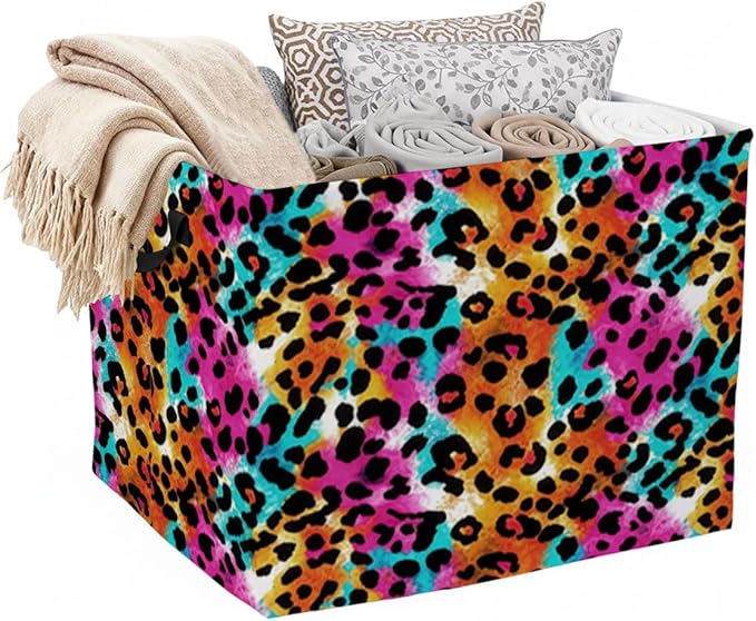 56L Leopard Print Laundry Basket Clothes Hamper with Handles,Foldable Blanket Storage Large Laundry Hamper with Waterproof PE,Toy Storage Bin Organizer,Cube Clothes Organizer,Home Decor