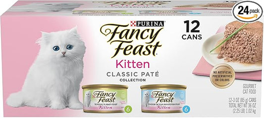 Purina Fancy Feast Kitten Tender Ocean Whitefish Feast and Tender Turkey Feast Wet Kitten Food Variety Pack - (2 Packs of 12) 3 oz. Cans