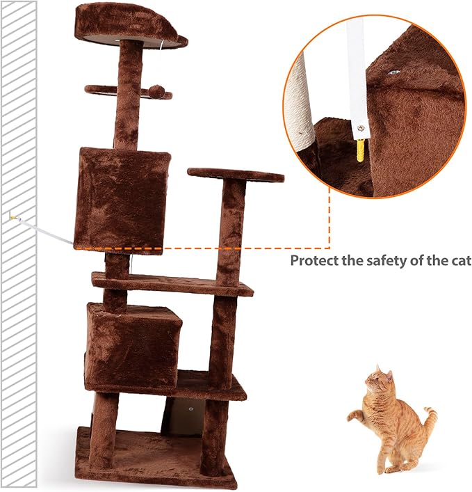 ZENY 53 inches Cat Tree with Sisal-Covered Scratching Posts and 2 Plush Rooms Cat Furniture for Kittens (Brown)