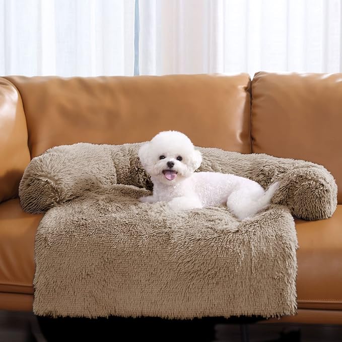 HACHIKITTY Calming Pet Sofa Bed Mat, Washable Fluffy Couch Cover for Dogs and Cats, Anti-Slip Bottom (37"x 33"x 6", Camel)