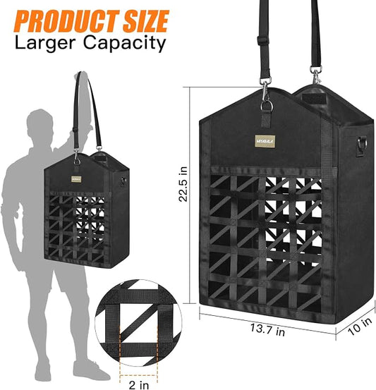 Ultra-Slow Feed Hay Bags for Horses,Two-Sided Premium Oxford Hay Bags with Large Opening,Top with Hook-and-Loop Closure,Adjustable Dual-Purpose Strap for Easy Hanging (Black, Large 2 Pack)