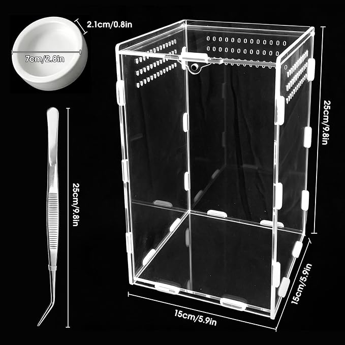 Jumping Spider Enclosure, Insect Terrarium, Bug Cage, Acrylic Terrarium for Tarantula, Snail, Praying Mantis, Frog, and Small Reptiles, Includes Tweezer and Bowl, (5.9" x 5.9" x 9.8")