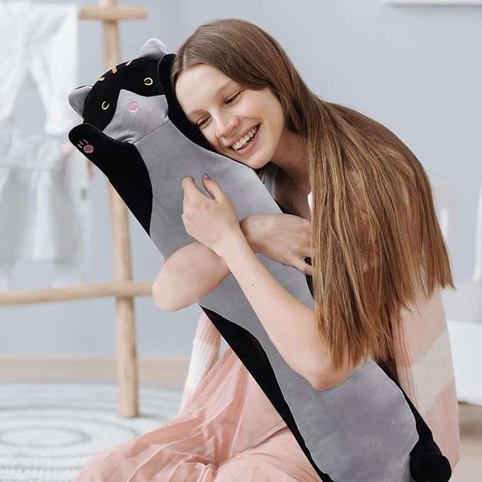 shangman Lovely Plush Cat Doll - Cute Cartoon Soft Stuffed Kitten Pillow, Long Throw Sleeping Pillow, Valentine’s Day Gift for Kids & Girlfriend (Black, 70cm/27.5in)