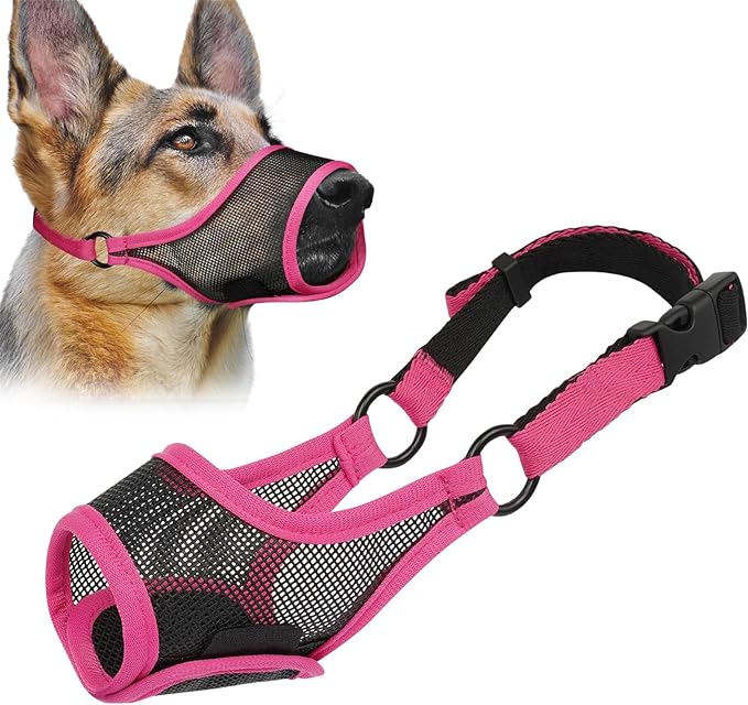 LUCKYPAW Dog Muzzle, Mesh Muzzle for Large Medium Small Dogs, Soft Mouth Guard for Biting Chewing, Breathable Mouth Guard with Adjustable Strap for Training(Hot Pink, XL(Snout:11"-12.25"))