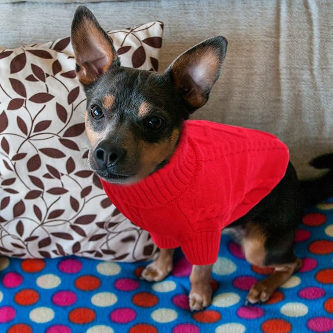 Queenmore Small Dog Pullover Sweater, Cold Weather Cable Knitwear, Classic Turtleneck Thick Warm Clothes for Chihuahua, Bulldog, Dachshund, Pug (Red, Small)