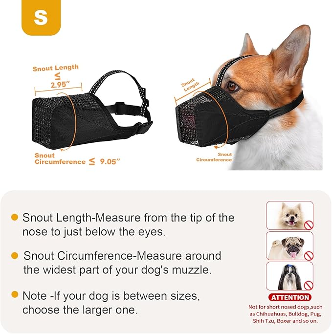 Mesh Dog Muzzle, Breathable Soft Dog Muzzle with Reflective Straps for Secure Fit, Prevents Biting, Chewing Scavenging – Adjustable for Small Medium Large Dogs,Black,S