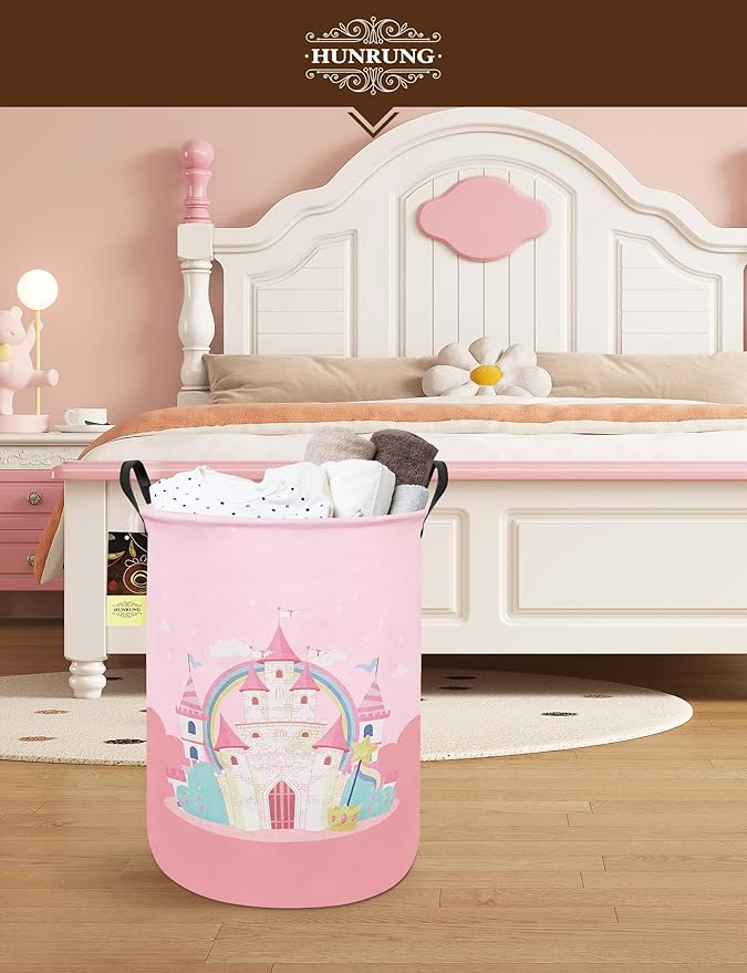 Laundry Hamper,Large Canvas Fabric Lightweight Storage Basket Toy Organizer Dirty Clothes Collapsible Waterproof for College Dorms(Pink Castle)