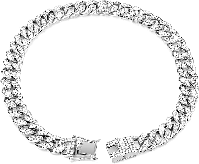 Tallew Silver Dog Chain Diamond Collar Walking Metal Chain Necklace with Secure Buckle Pet Cuban Style Collar Jewelry Accessories for Small Medium Large Dog Cats(18 Inch)