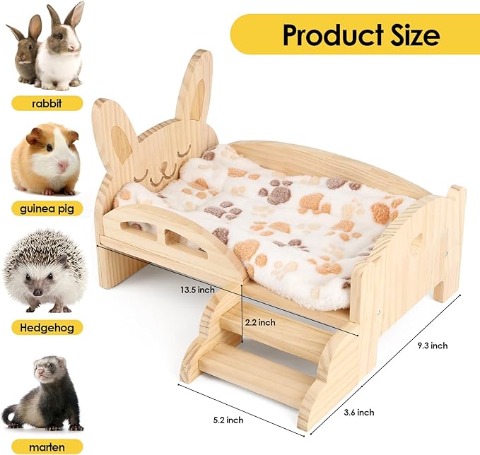 Wooden Guinea Pig Bed with Mat 13.5IN X 9.3IN Detachable Hideout with Stairs Small Animal Cute Warm Habitats for Hamsters Ferret Bunny Sleeping Hiding