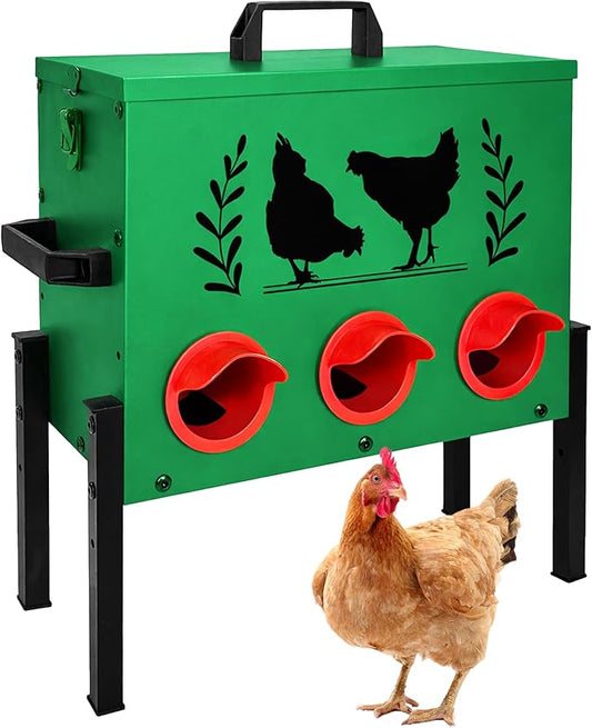 No Waste Automatic Chicken Feeder (30 LB), Rodent Resistant Metal Poultry Feeder with Locking Lid, Adjustable Stand & 8 Ports, Heavy Duty Weatherproof Feed Box for Hens, Ducks