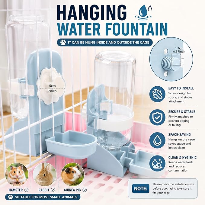 Rypet Rabbit Water Bottle No Drip - 17oz Hanging Water Fountain Automatic Dispenser Pet Cage Water Feeder for Bunny Chinchilla Guinea Pig Hedgehog Ferret Blue