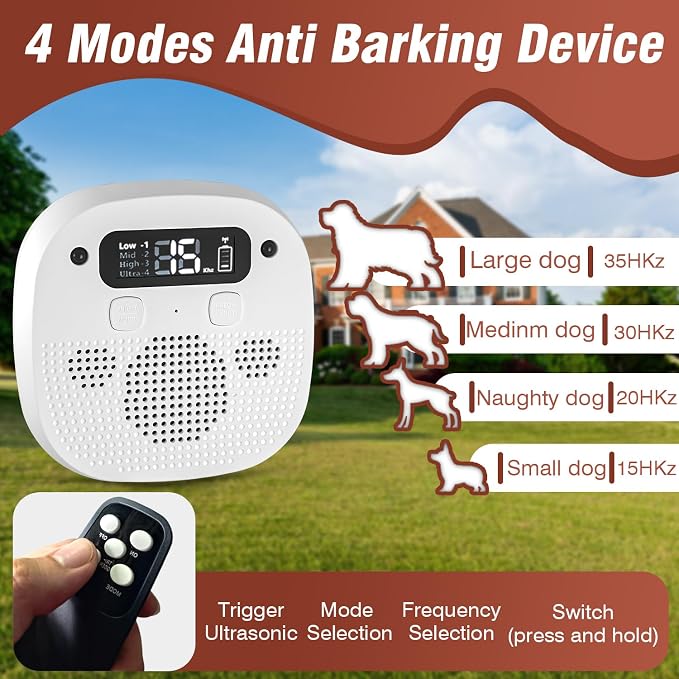 Anti Barking Device for Dogs, Dog Bark Deterrent Devices, Rechargeable Bark Box & Dog Barking Silencer with Remote Control 4 Modes, 50FT Ultrasonic Bark Control for Indoor & Outdoor Use, White