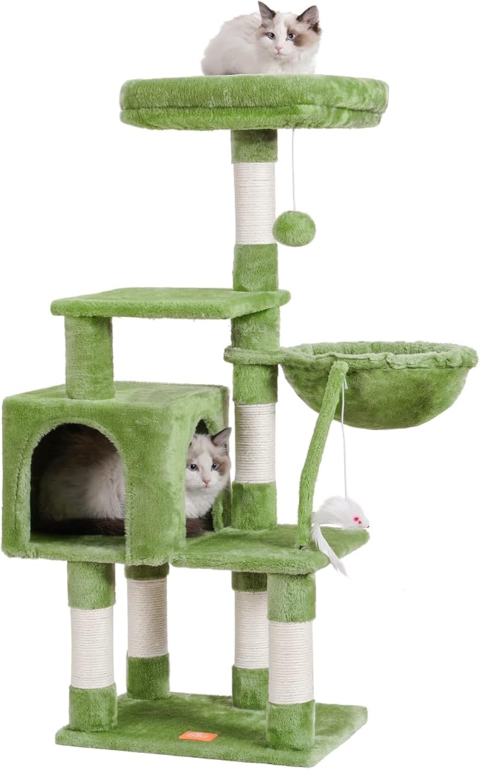 Heybly Cat Tree with Toy, 43.3 inch Cat Tower condo for Indoor Cats, Cat House with Padded Plush Perch, Cozy Hammock and Sisal Scratching Posts, Green HCT004SGR