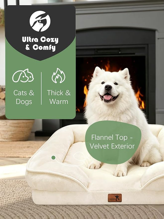 Spotted Play Orthopedic Dog Bed with Sides - Sofa Beds for Large Dogs, Supportive Foam Pet Couch Bed with Washable Removable Cover, Waterproof Lining and Non-Slip Bottom, Ivory - L-Plus
