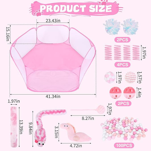 Foxtell Pink Cat Ball Pit Include 115 PCS Interactive Cat Toys for Indoor Bored Self Play Enrichment Toy for Indoor Cats Interactive Fun and Exercise