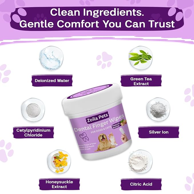 Dog & Cat Dental Wipes - Finger Toothbrush for Plaque, Tartar & Breath | Dental wipes help remove plaque, tartar & bad breath for dogs, cats & small pets, at-home oral care, 50 Wipes, Peanut Butter
