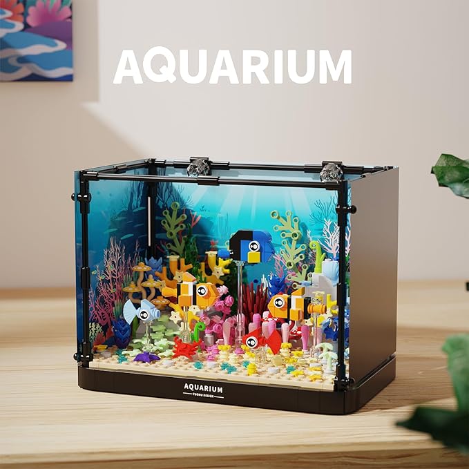 Fish Tank Building Block, Lighting Aquarium Building Sets for Adults and Kids Including Clownfish, Coral, Crab，Flowers, Animal Building Toys for Boys Age 8+, 570pcs